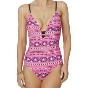 𝅺NEW! BONGO Aztec Plunging Neckline One Piece Swimsuit Swimwear Lg.